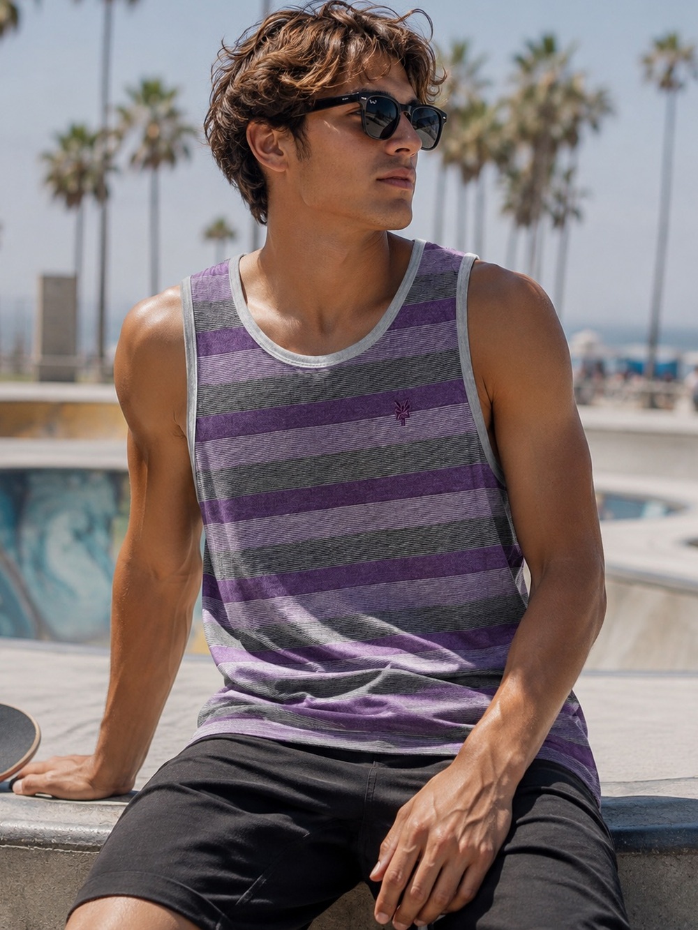 Zoo York Men’s Tank Top Large Purple Gray Striped Cotton Blend Embroidered Logo